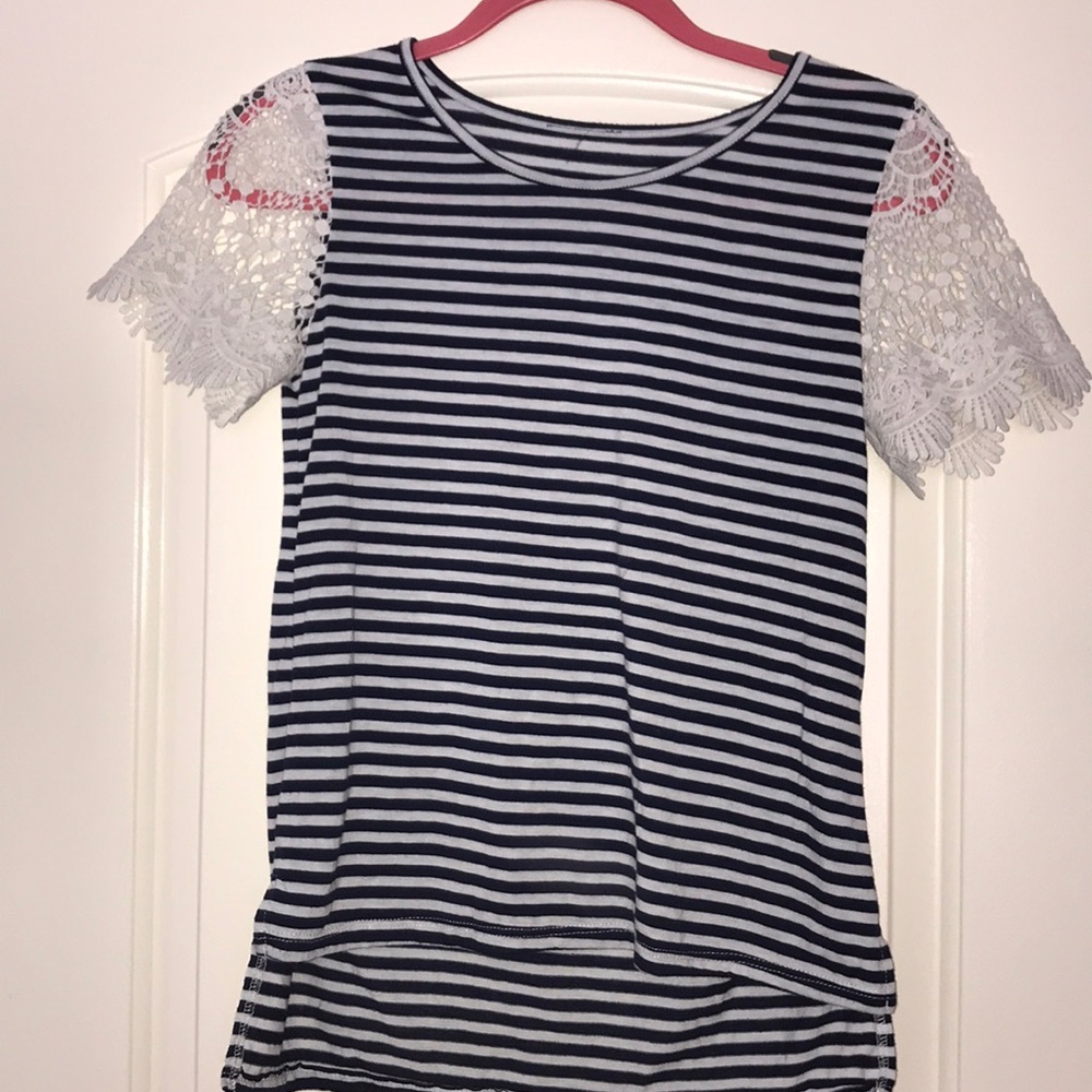 Blue, white stripped top with white lace sleeves.